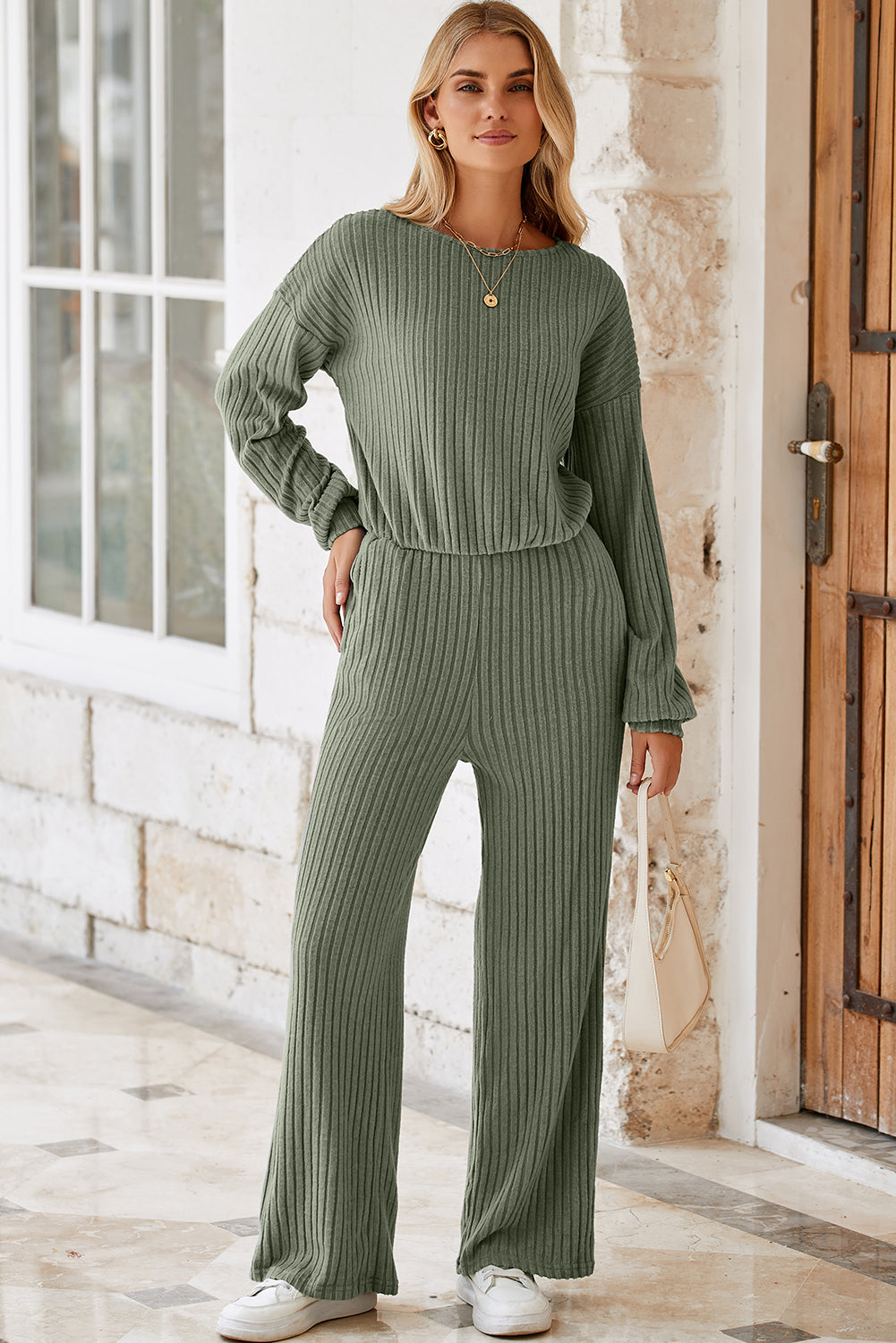 Lorbeergrüner vollrippstrick schlüsselloch zurück hohe taille jumpsuit