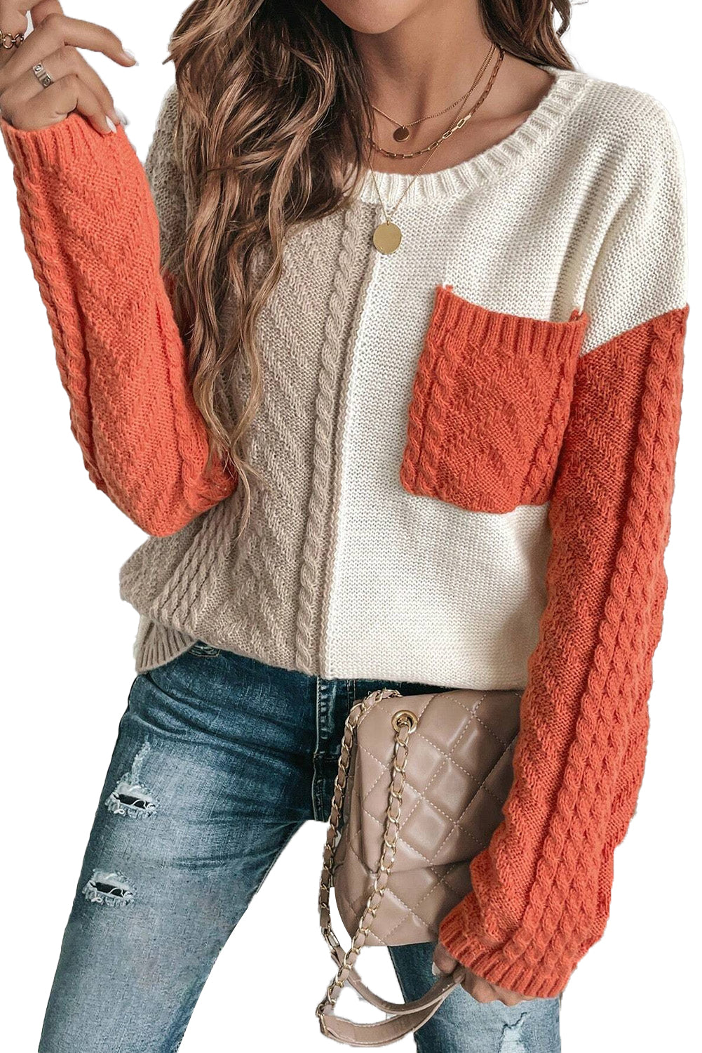 Gold flame colorblock pullover mit aufgesetzten taschen und schultertaschen