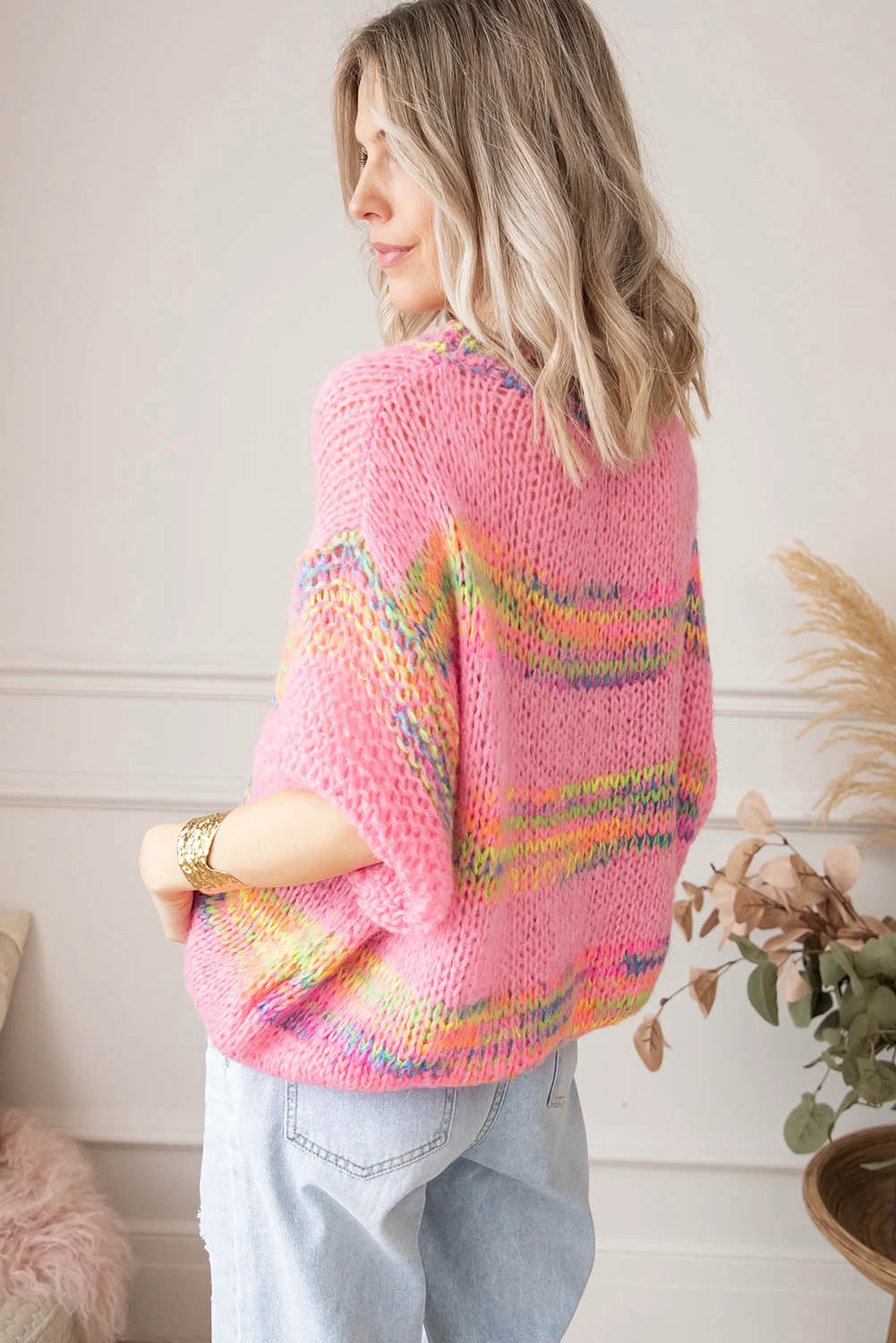 Rose bunte streifen 3/4 ärmel lose pullover