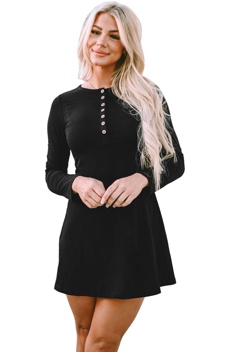 Schwarzes solides langärmeliges henley-kleid