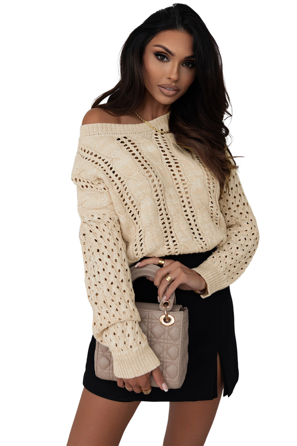 Khaki ösen kabelstrick pullover mit schultern