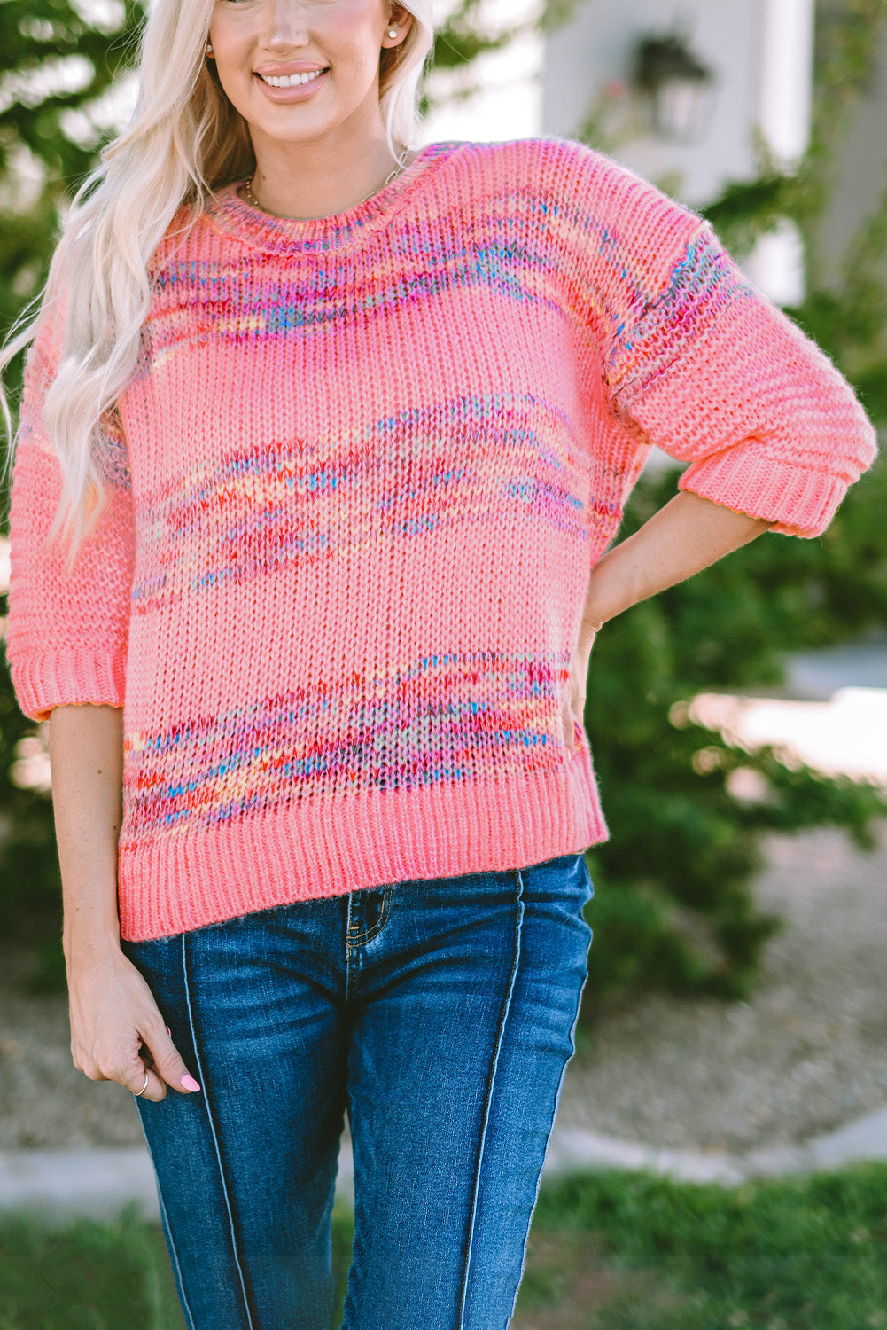 Rose bunte streifen 3/4 ärmel lose pullover