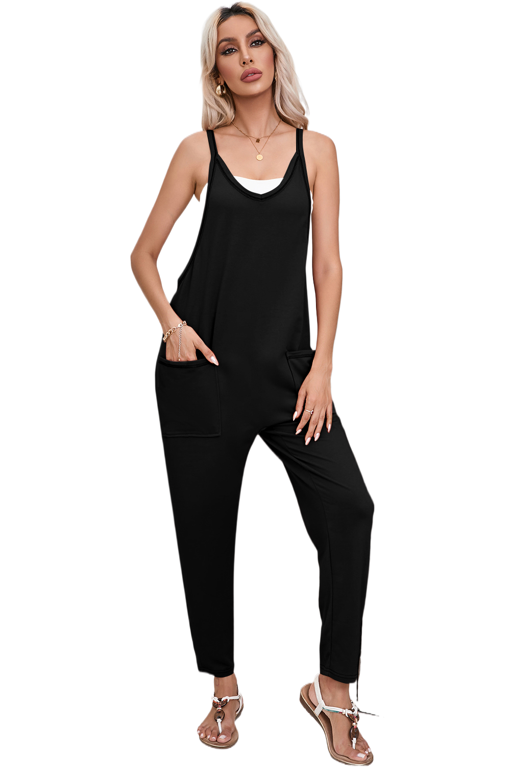 Schwarz seitentaschen haremshose ärmelloser v-ausschnitt jumpsuit