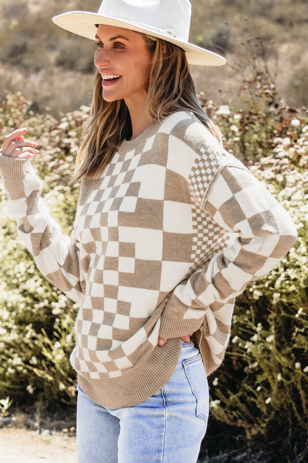 Khaki karo print drop shoulder rundhalsausschnitt pullover