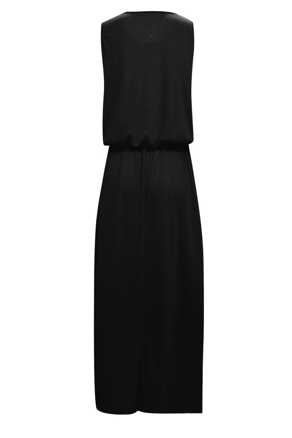 Schwarzes einfarbiges ärmelloses Tunika Maxikleid mit Schlitz