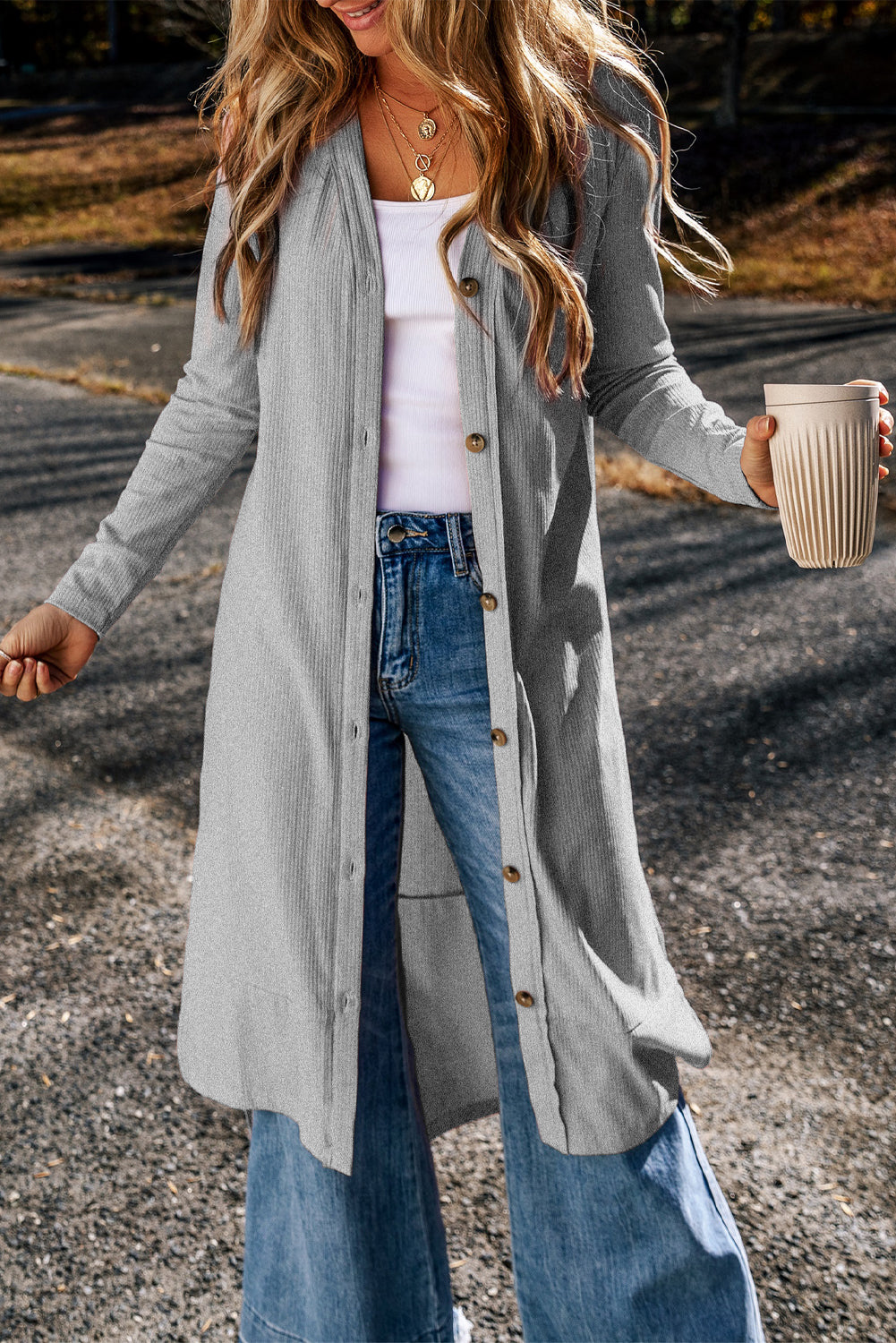 Grauer gerippter, geteilter duster cardigan mit knopfleiste