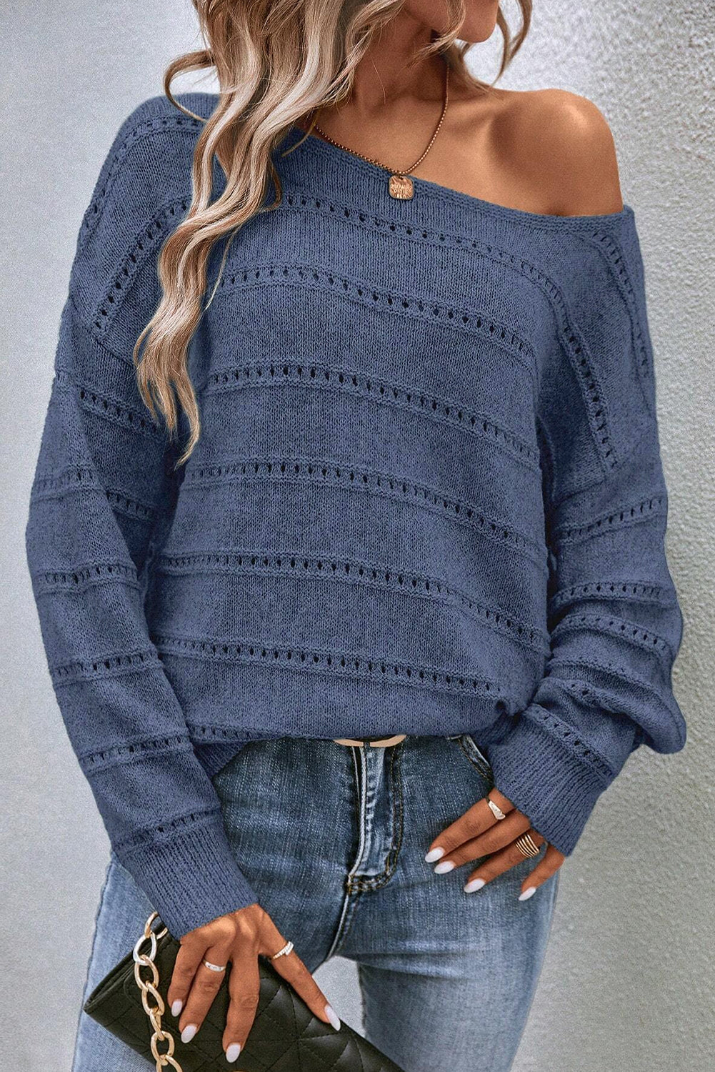 Real teal boot-ausschnitt drop shoulder pointelle strickpullover