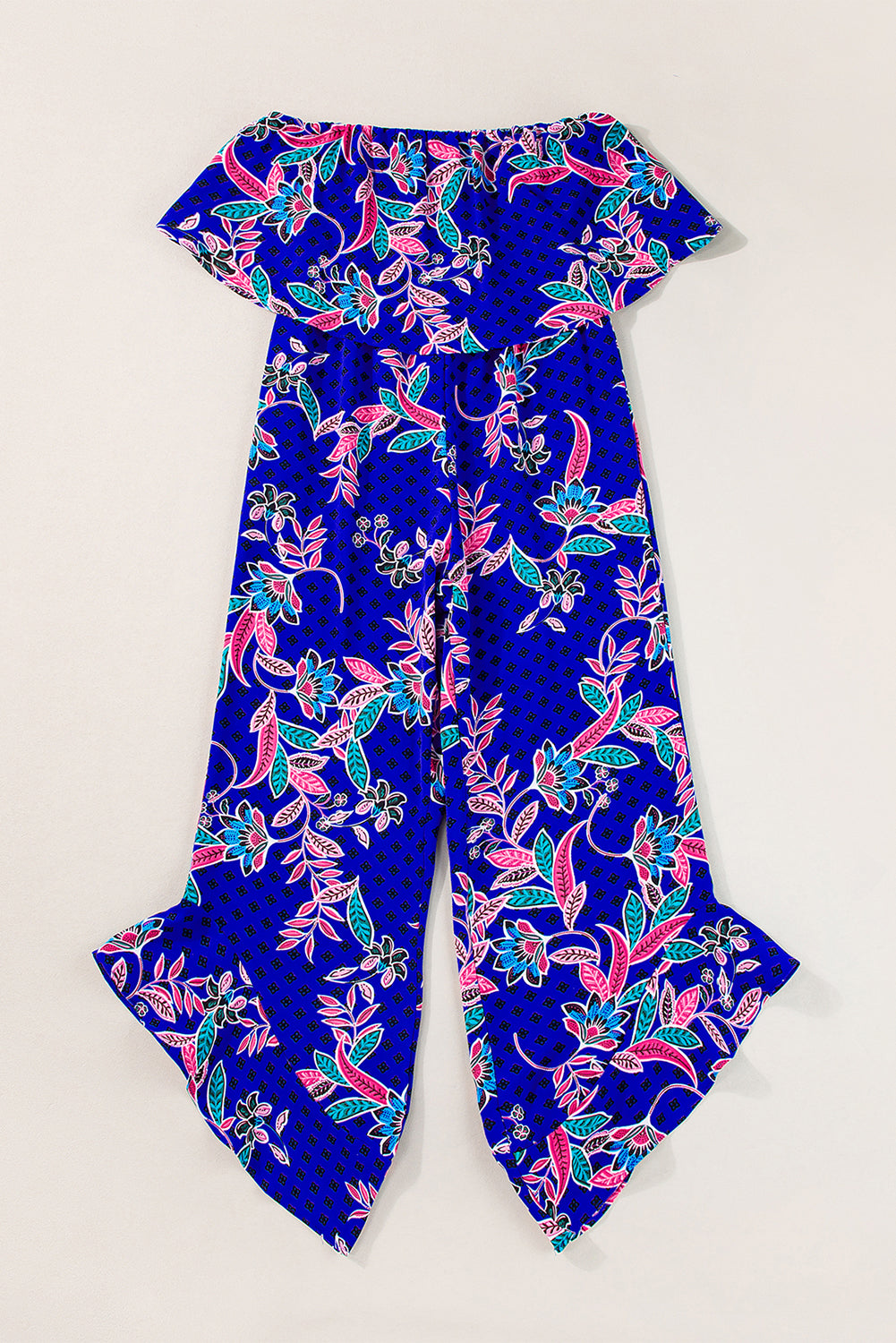 Blue mix tropical print trägerloser geraffter jumpsuit