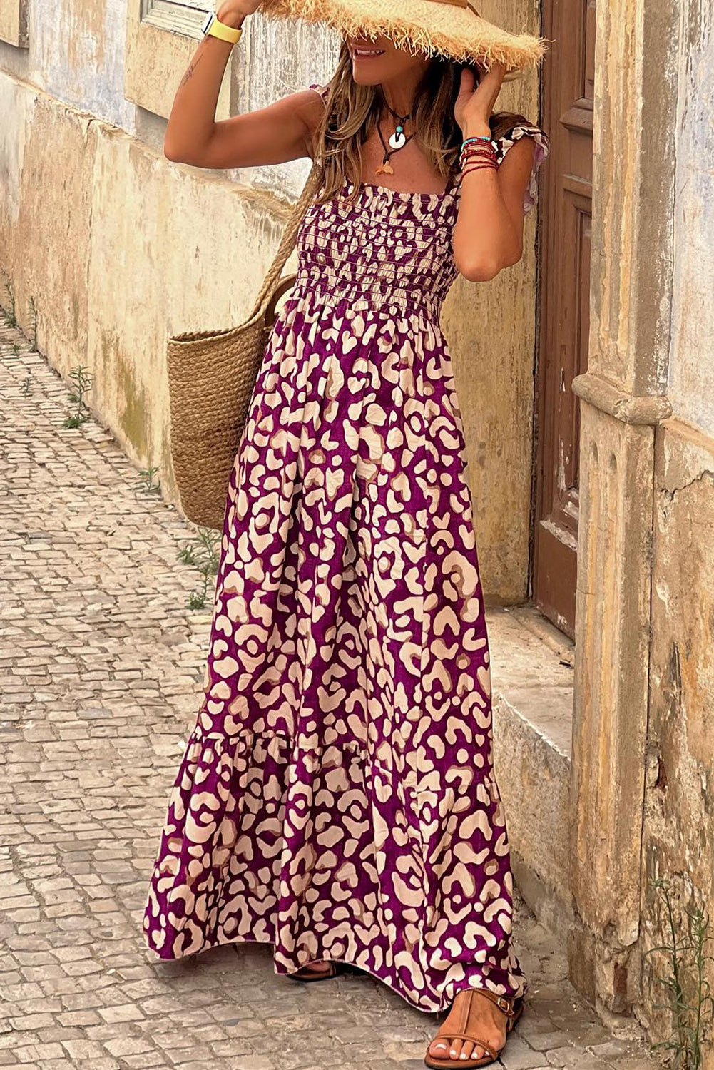 Rose leopard rüschenriemen gesmoktes langes kleid mit hoher taille