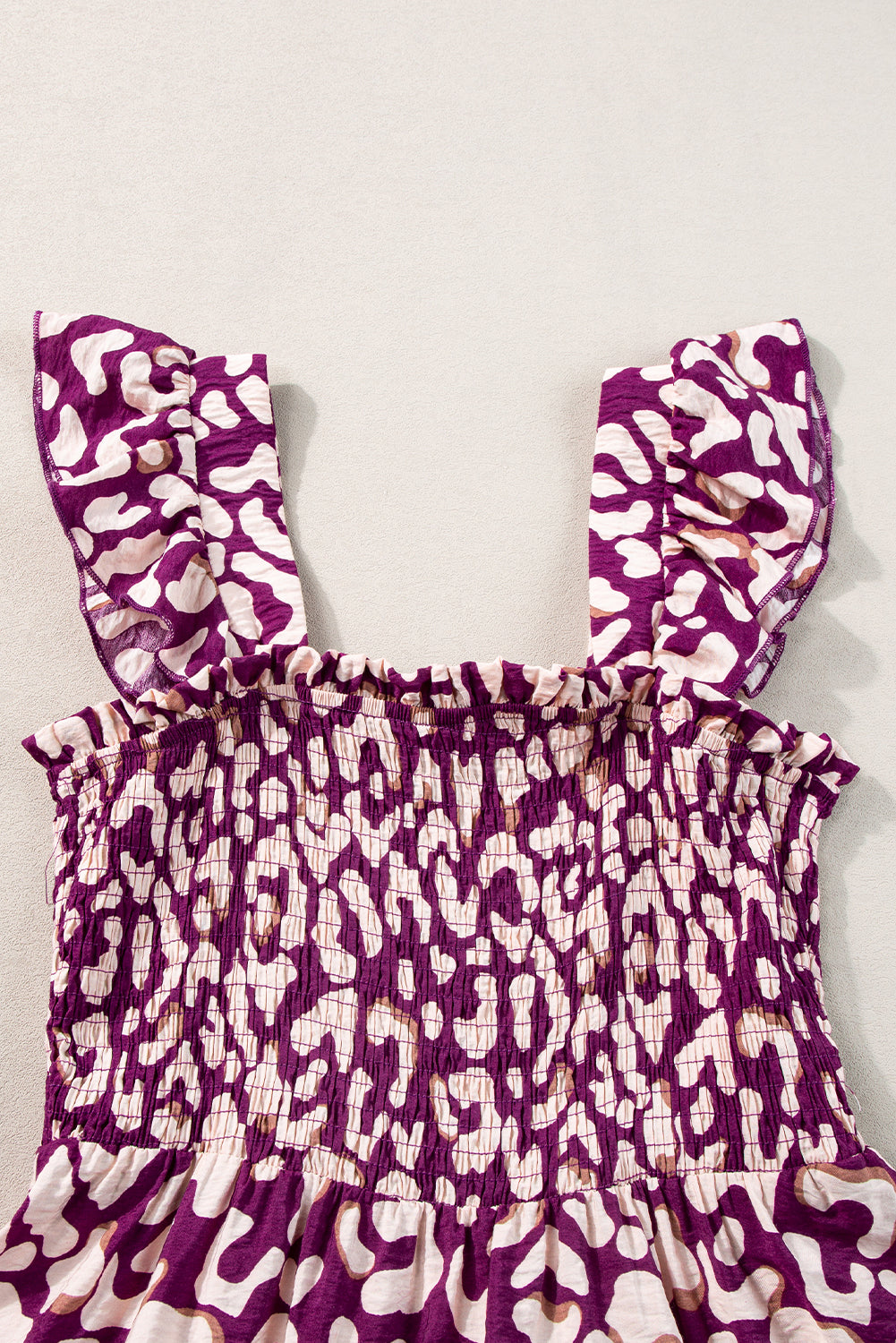Rose leopard rüschenriemen gesmoktes langes kleid mit hoher taille