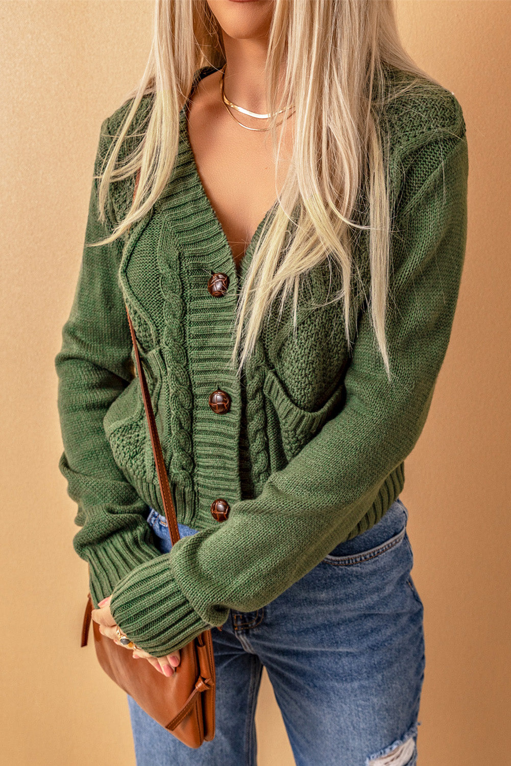 Grün fronttaschen knöpfe strukturierte strickjacke
