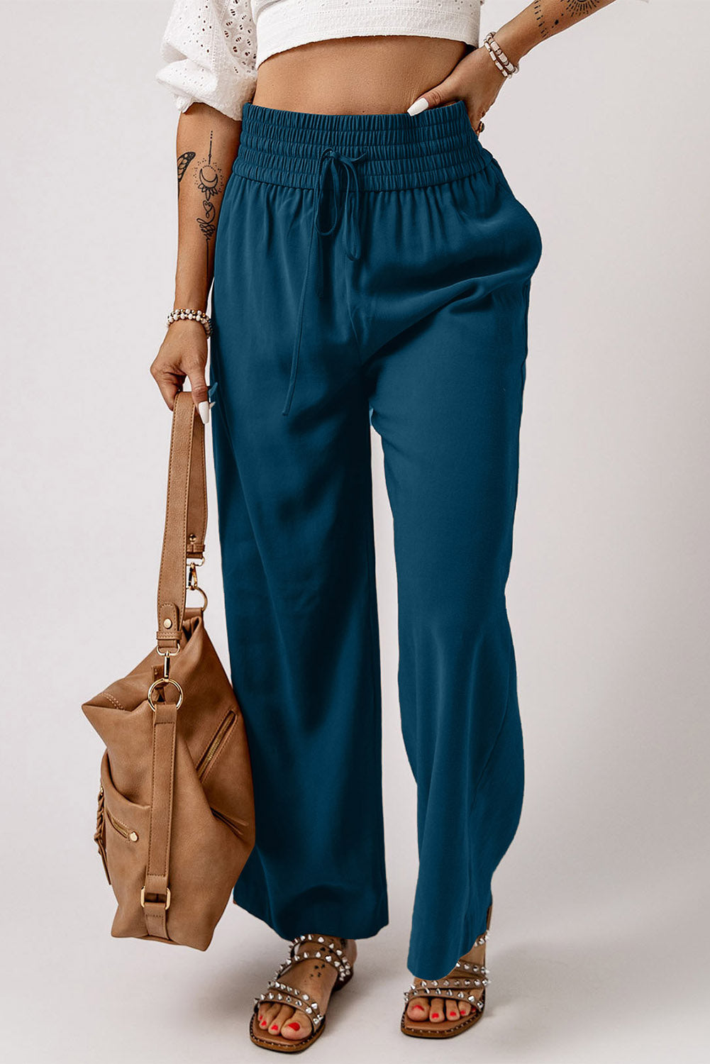 Blaue drawstring elastische taille lässige hose mit weitem bein