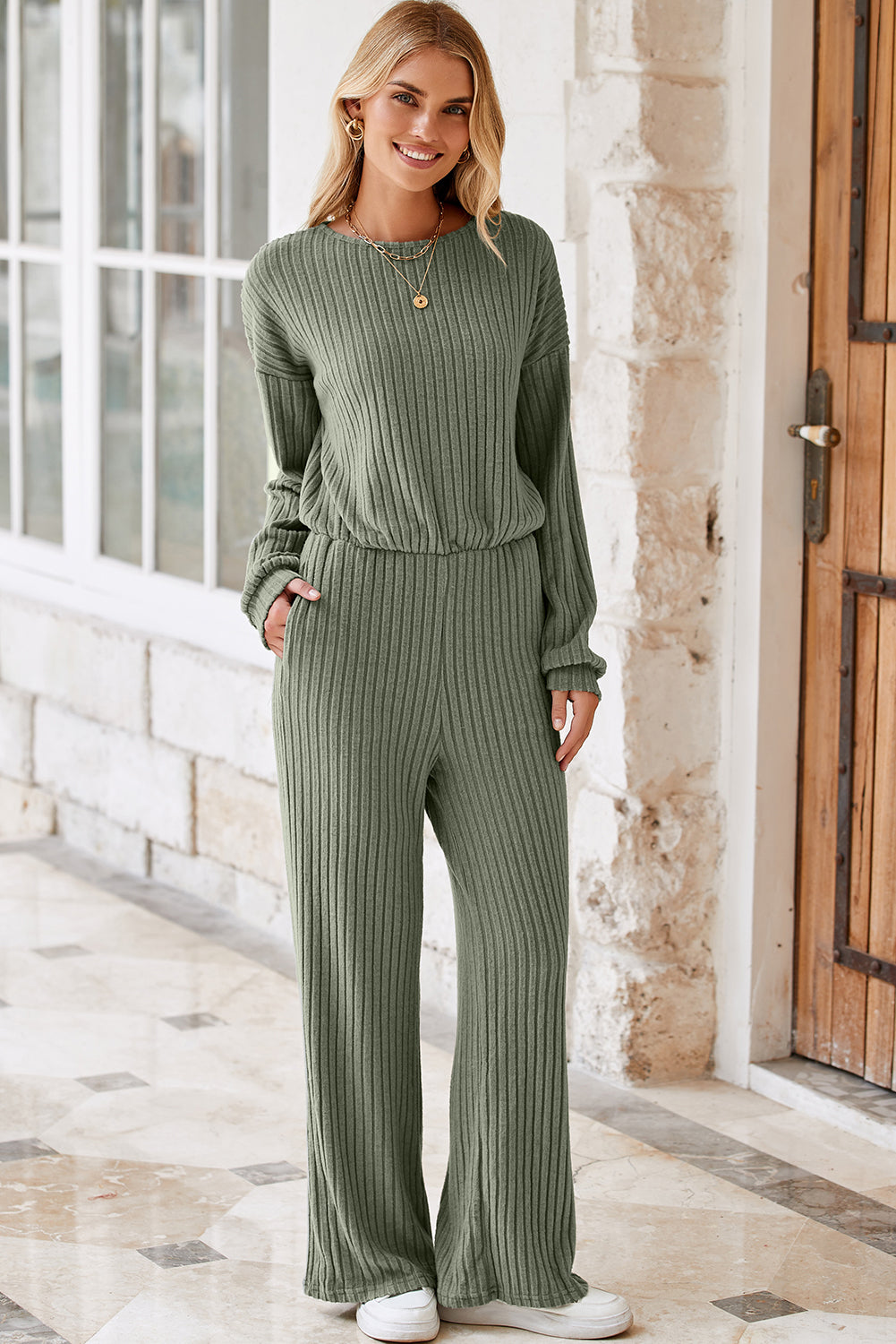 Lorbeergrüner vollrippstrick schlüsselloch zurück hohe taille jumpsuit