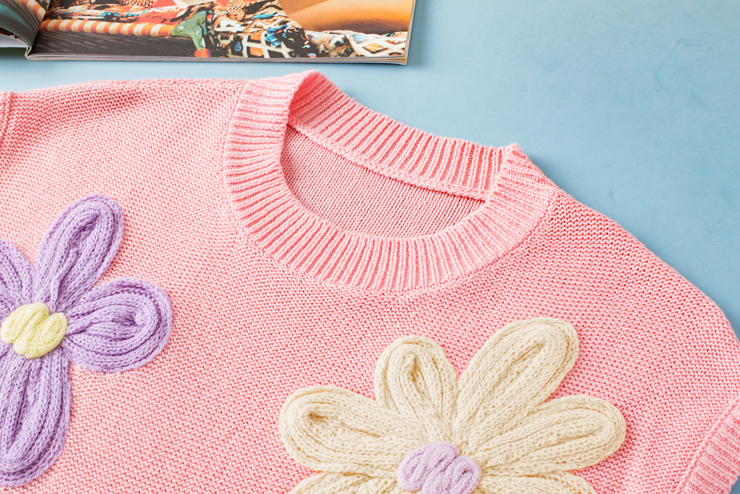 Rosa multi crochet flower knit kurzarm pullover top