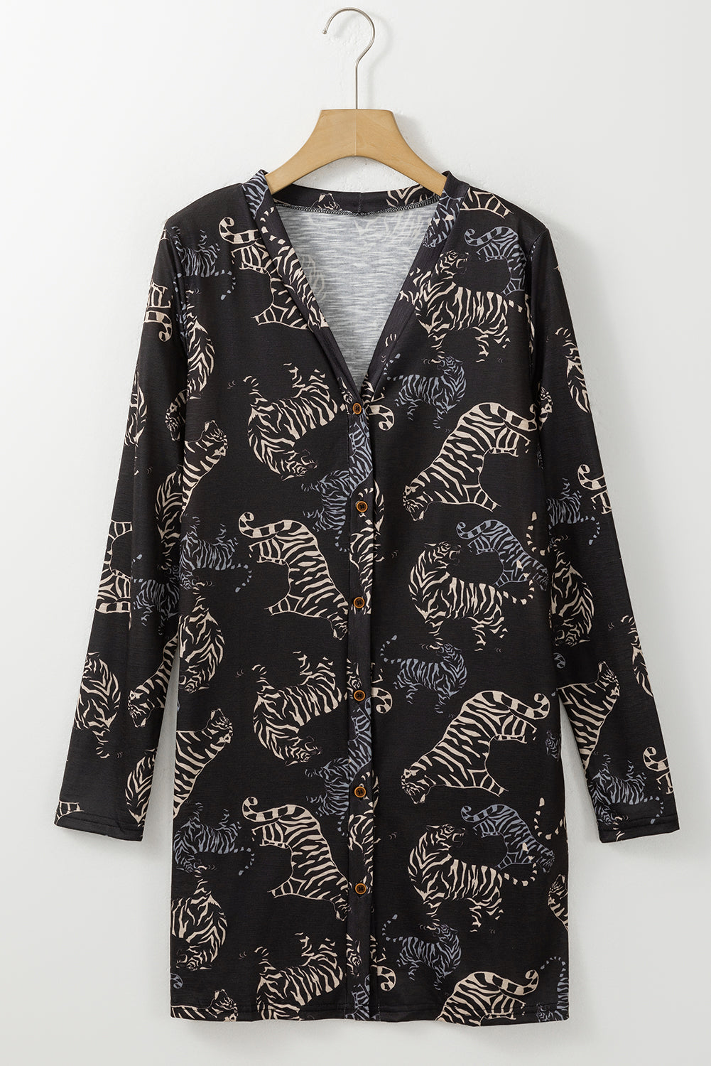 Schwarze wild tiger print knopfleiste strickjacke