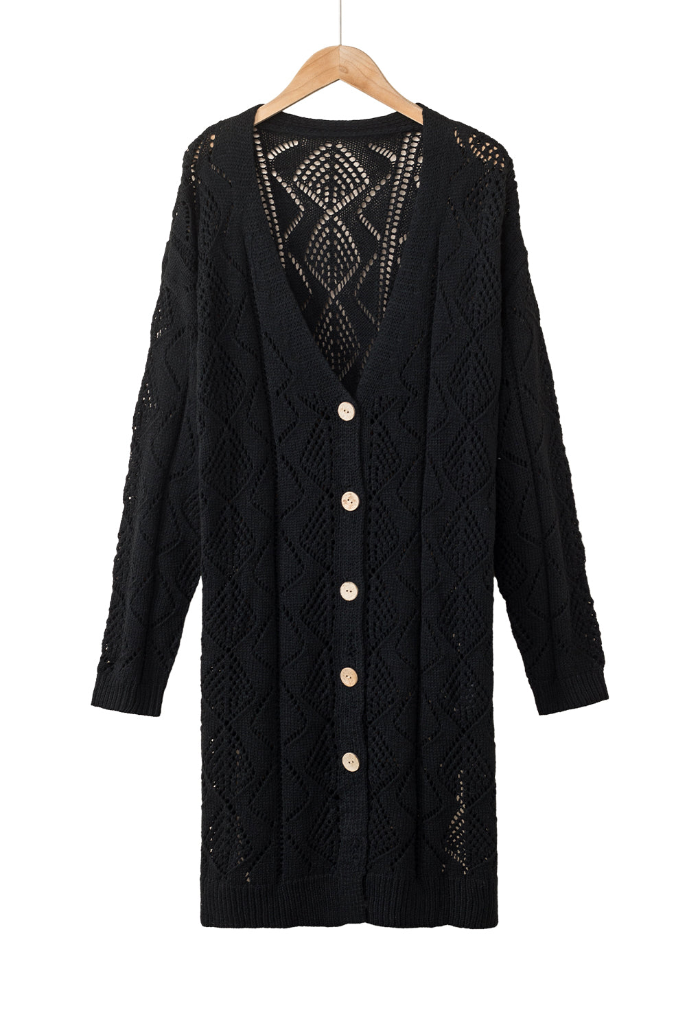 Schwarze durchbrochene strickjacke mit lochmuster