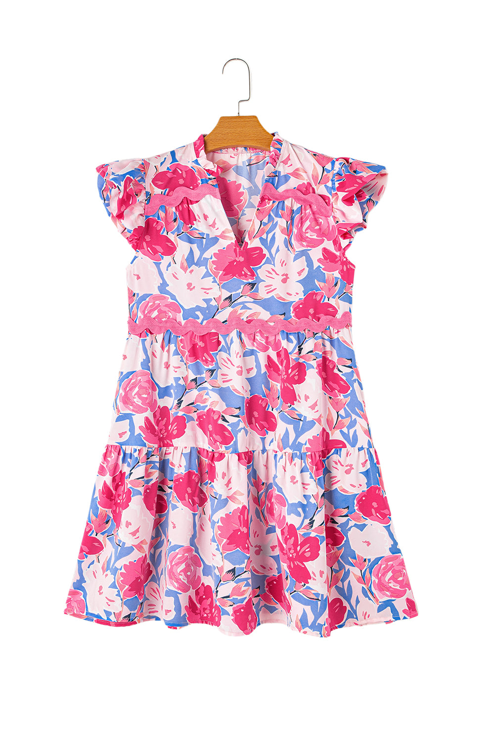 Rosa floral bedrucktes v gekerbtes ric rac kleid mit flatterärmeln