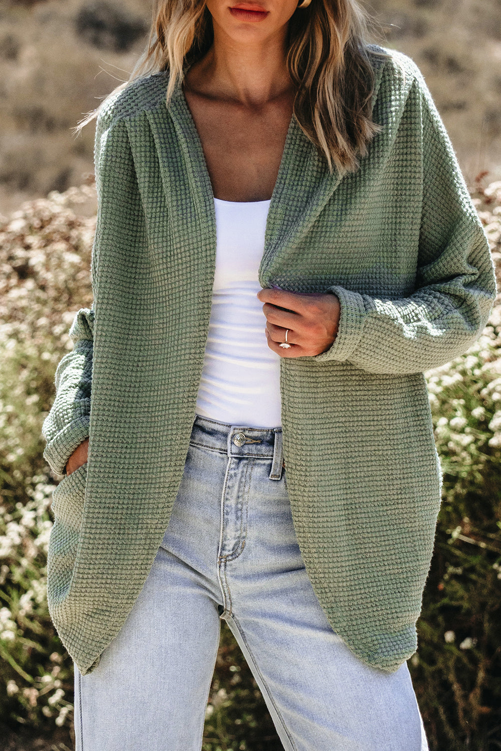Laurel grüner waffelstrick cardigan mit offener front