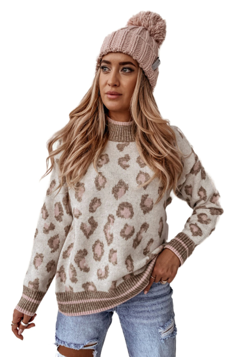 Brauner zweifarbiger pullover mit geripptem saum und leopardenmuster