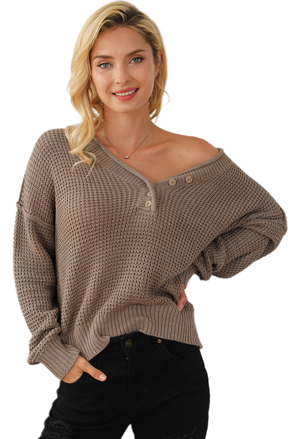Khakifarbener pointelle-strickpullover mit v-ausschnitt und überschnittenen schultern