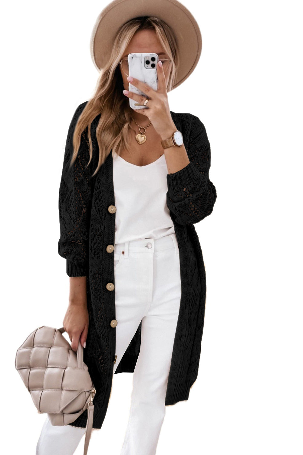 Schwarze durchbrochene strickjacke mit lochmuster