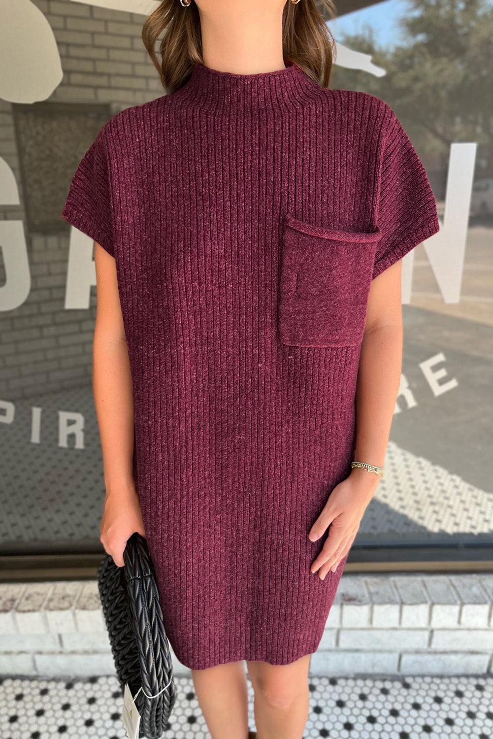 Red dahlia aufnäher tasche gerippt stricken kurze ärmel pullover kleid