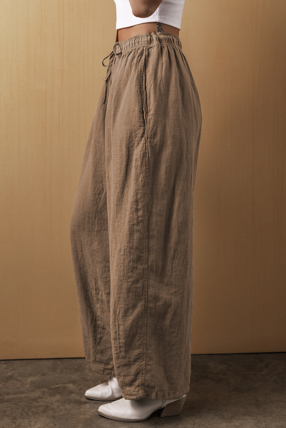 Wüstenpalme baumwolle leinen hose mit weitem bein und kordelzug an der taille