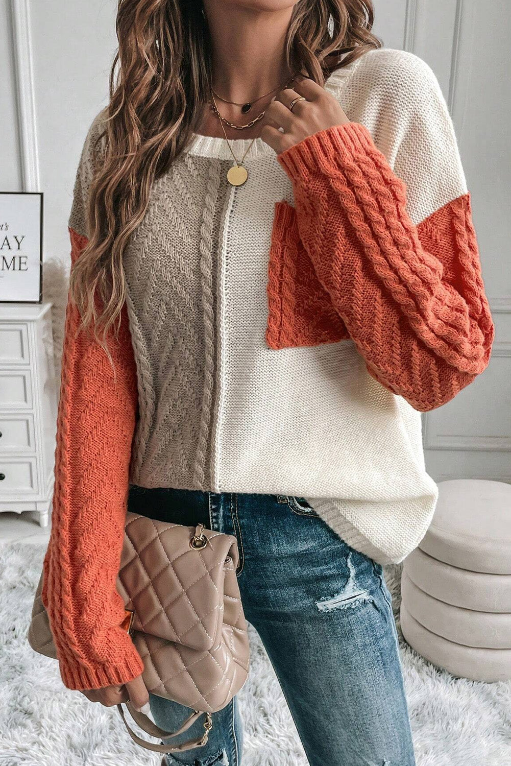 Gold flame colorblock pullover mit aufgesetzten taschen und schultertaschen