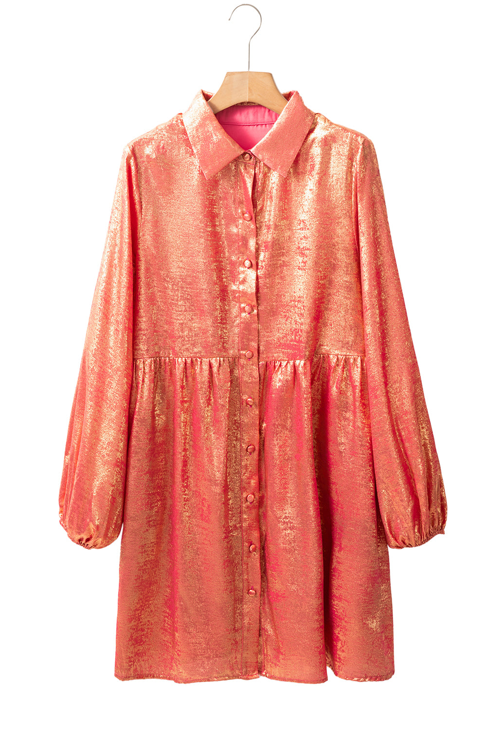 Peach blossom metallic sheen puffärmel button up mini shirt kleid