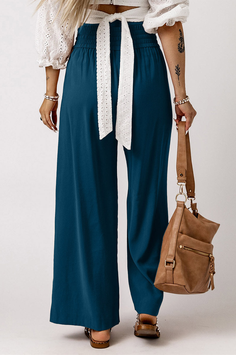 Blaue drawstring elastische taille lässige hose mit weitem bein