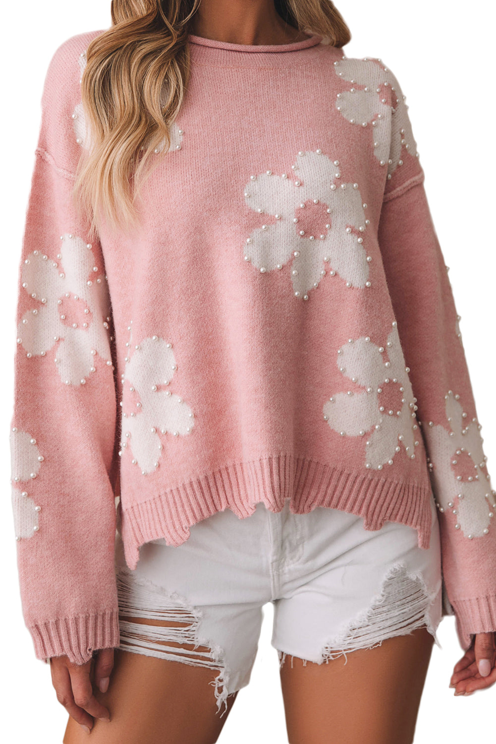 Mehrfarbiger, perlenbesetzter, floraler drop-shoulder-pullover