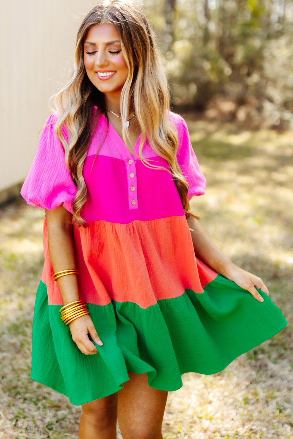 Multicolor color block tiered puff sleeve kleid