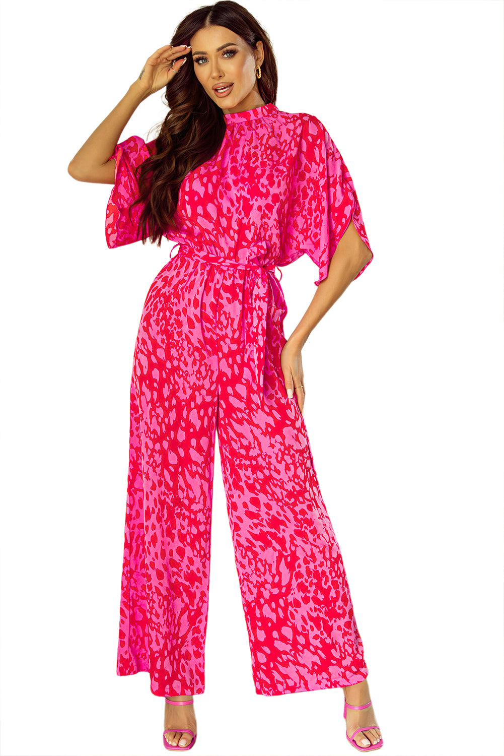 Rose leopard lose ärmel gürtel mit weitem bein jumpsuit