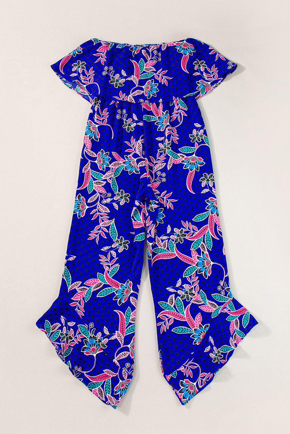 Blue mix tropical print trägerloser geraffter jumpsuit