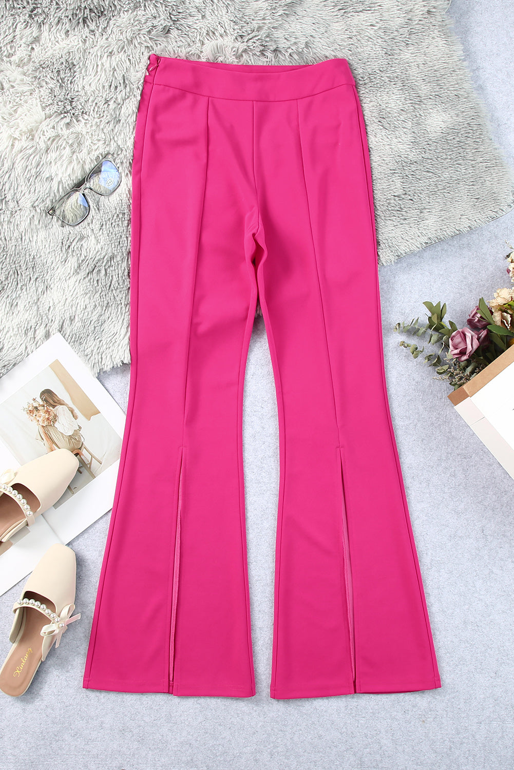Rose hose mit geteiltem saum und hoher taille