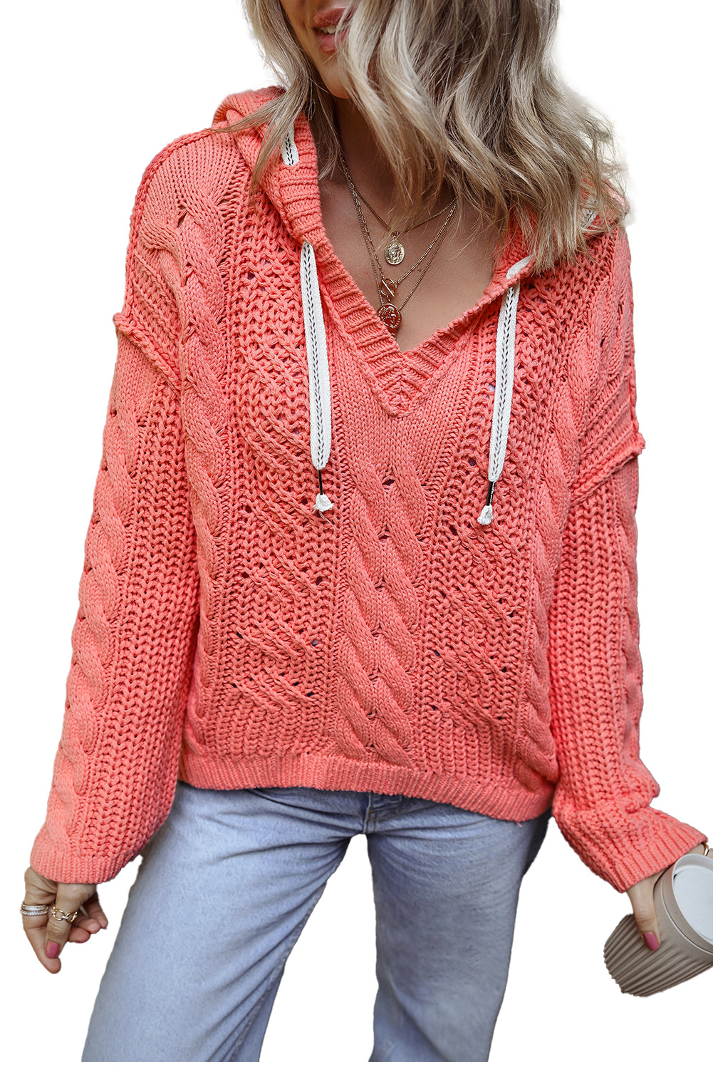 Gold flame cable knit v neck kontrast pullover mit kapuze und kordelzug