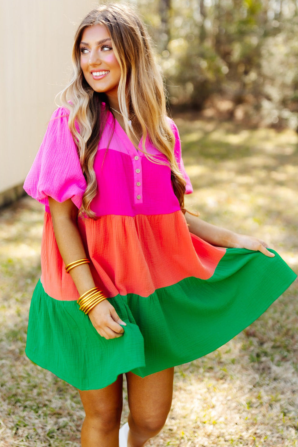 Multicolor color block tiered puff sleeve kleid