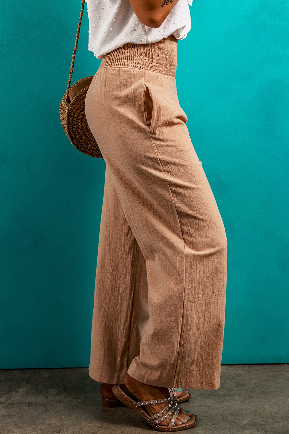 Lehm gesmokte taille lose hose mit geradem bein
