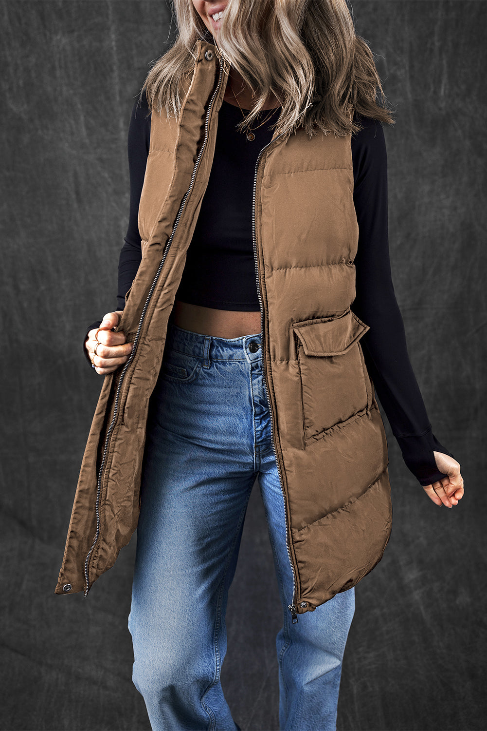 Coffee windproof longline full zipper puffer vest mit taschen