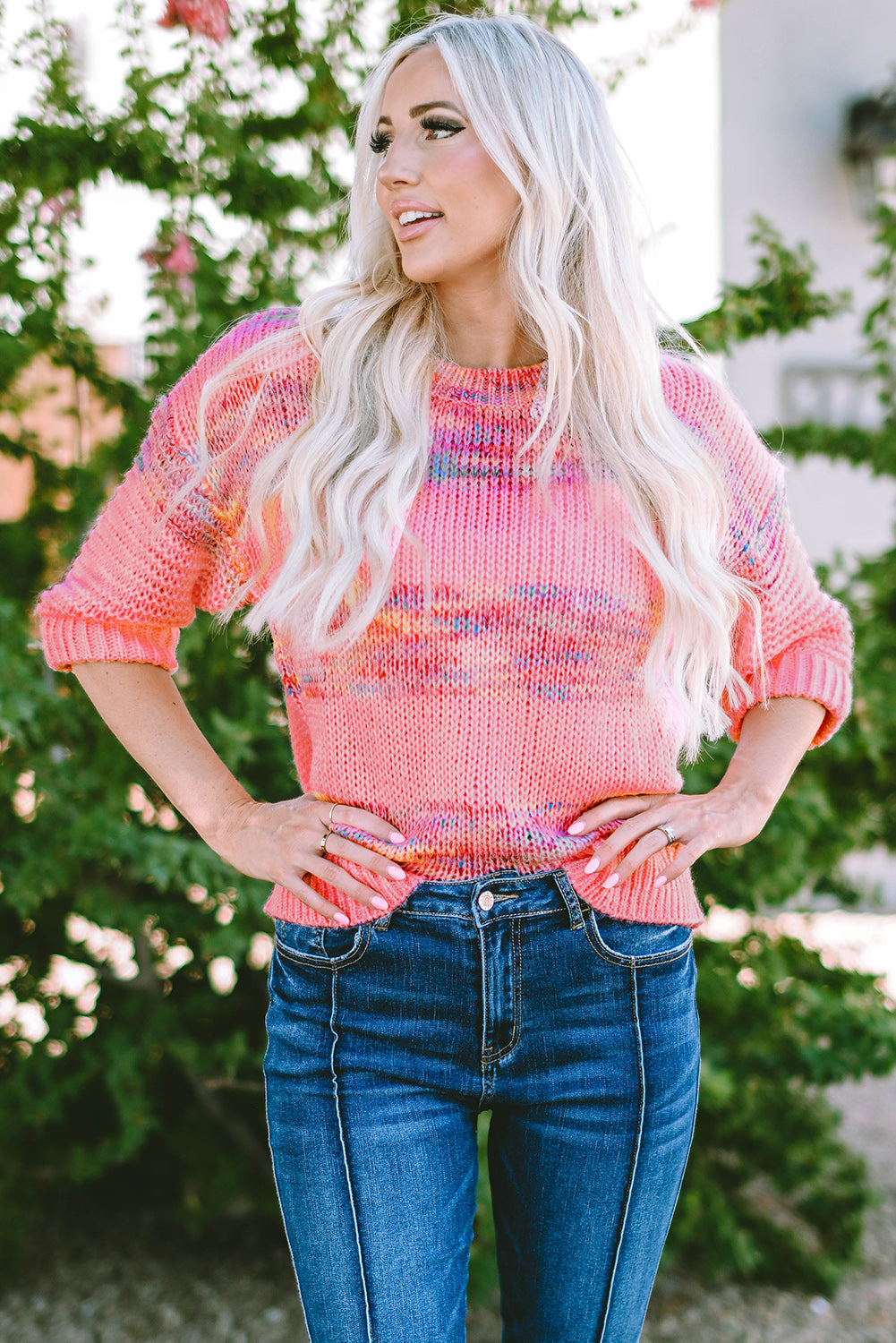 Rose bunte streifen 3/4 ärmel lose pullover