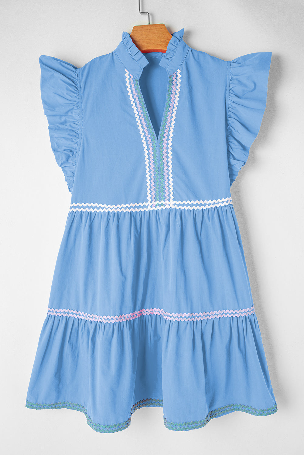 Beau blue ric rac colorblock flutter sleeve v neck tiered dress