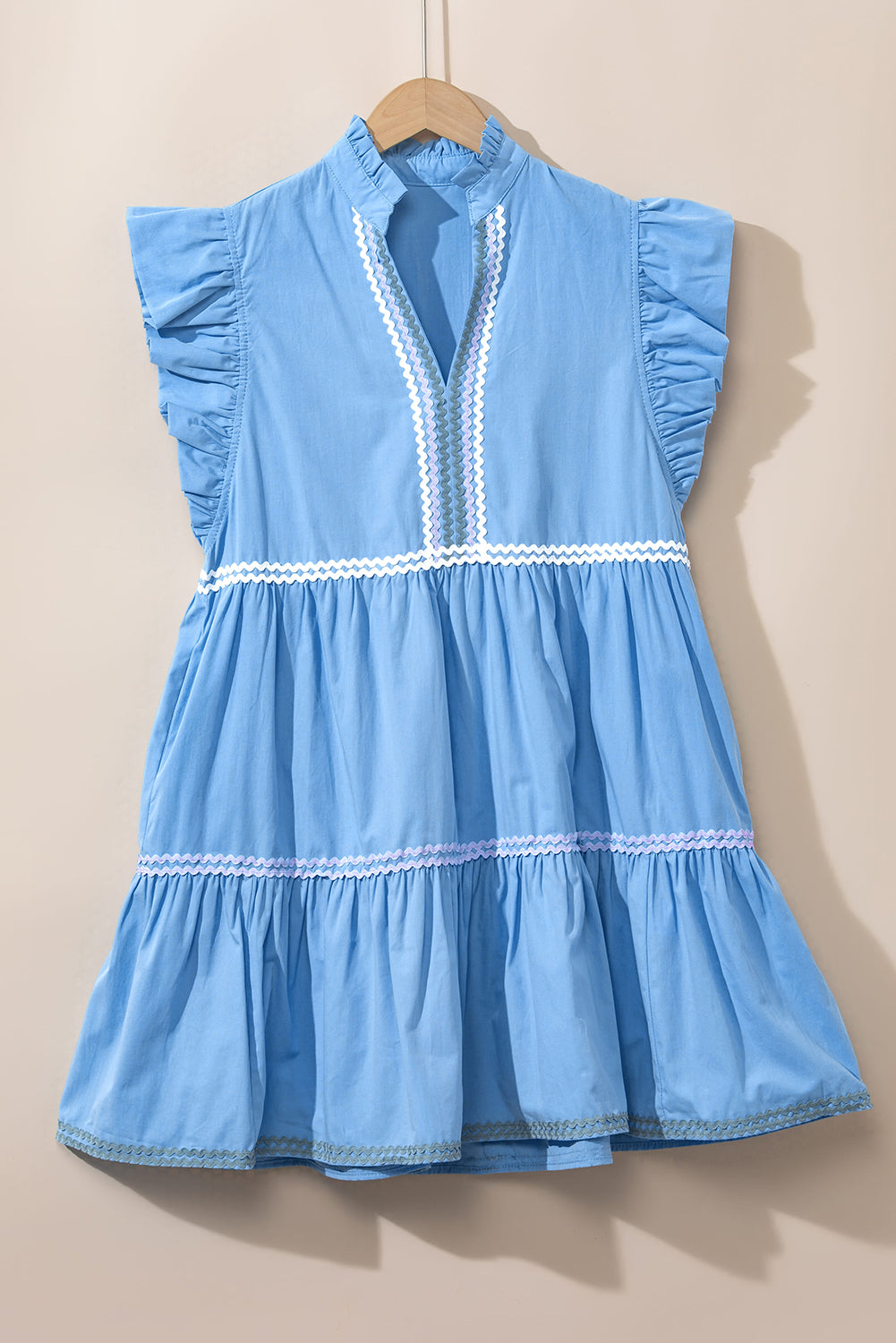 Beau blue ric rac colorblock flutter sleeve v neck tiered dress