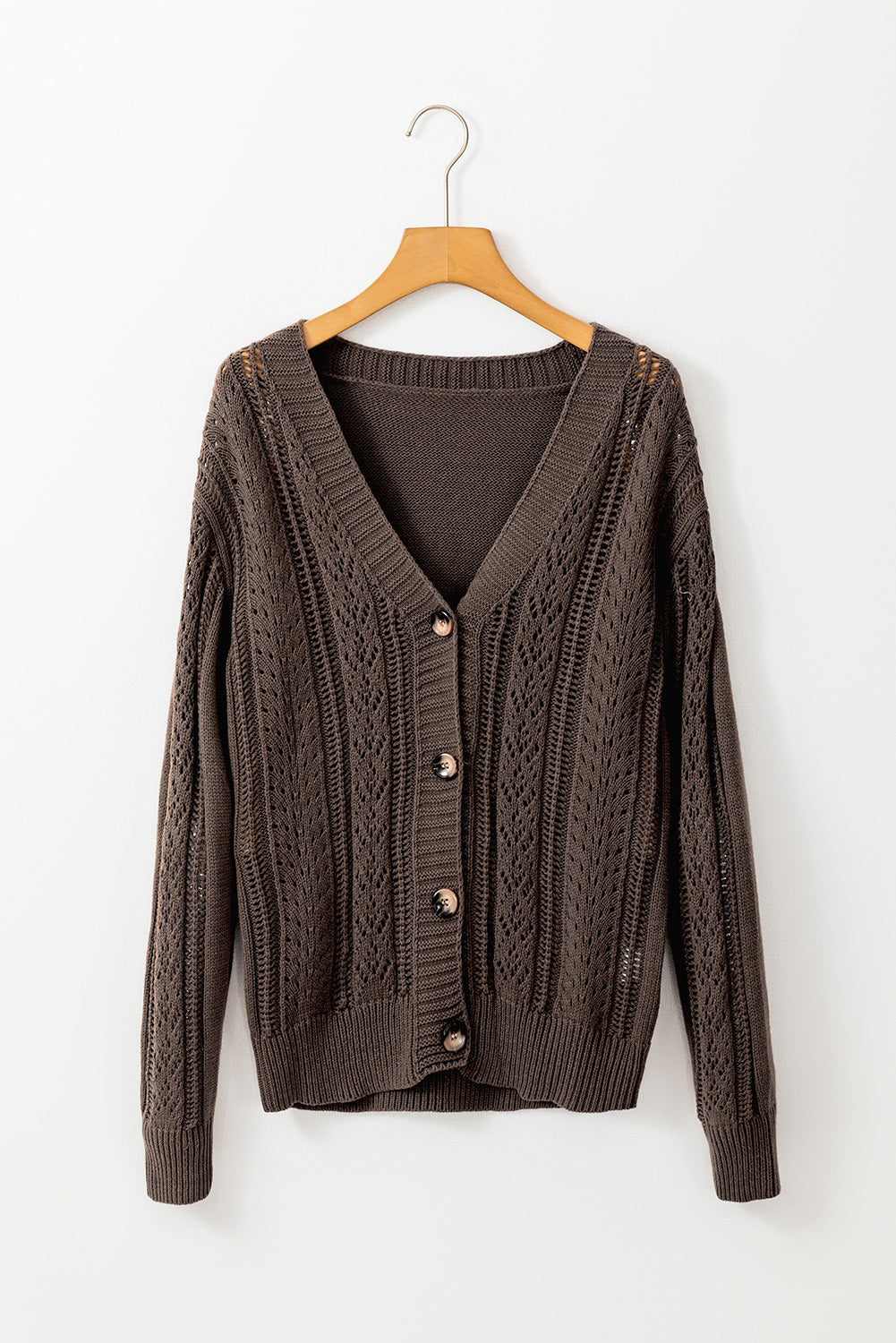 Dunkle khakifarbene strickjacke mit offenen schultern