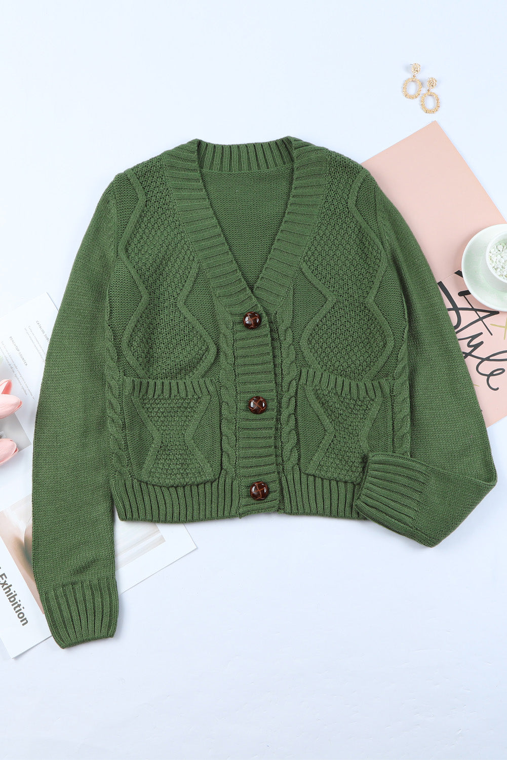 Grün fronttaschen knöpfe strukturierte strickjacke