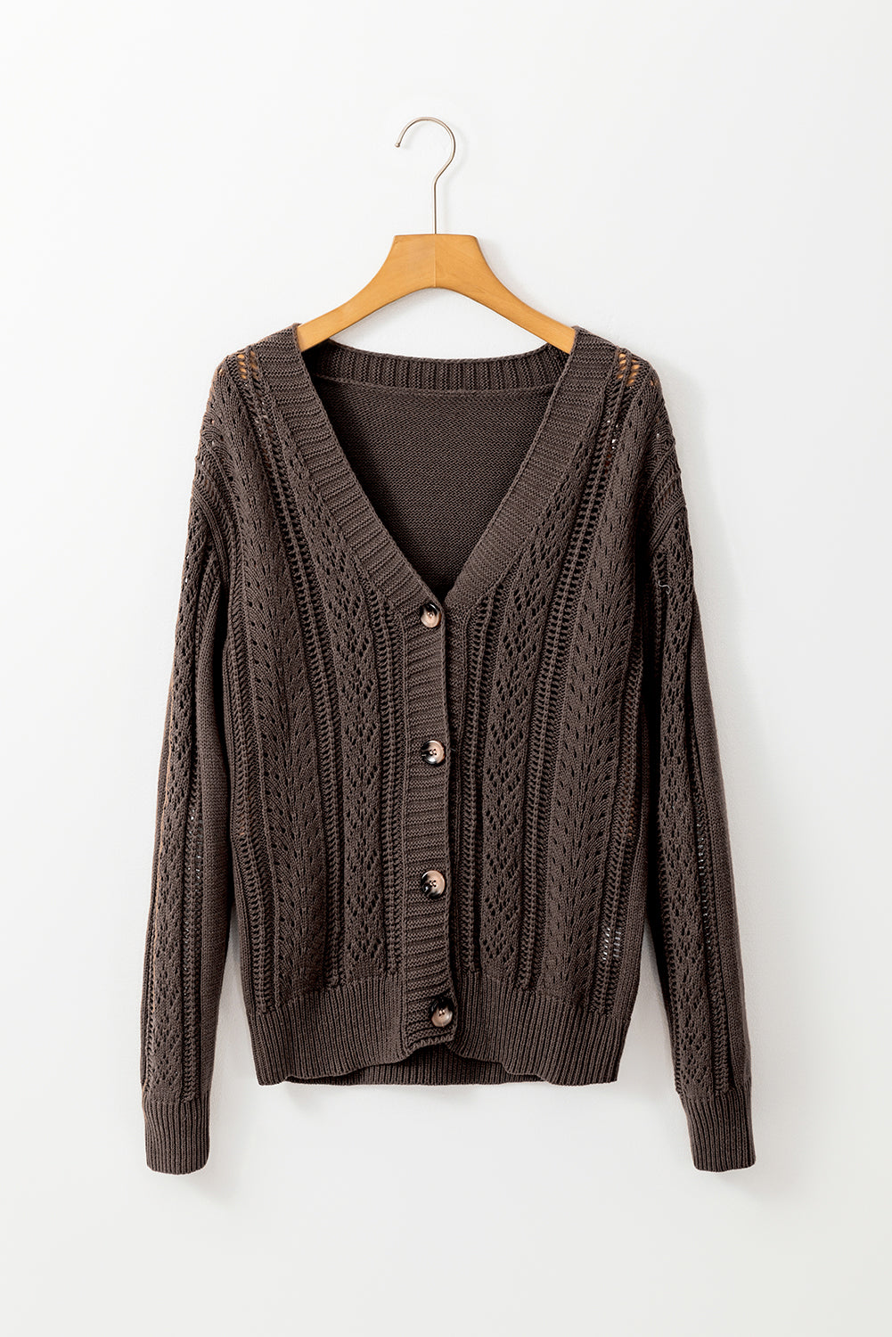 Dunkle khakifarbene strickjacke mit offenen schultern