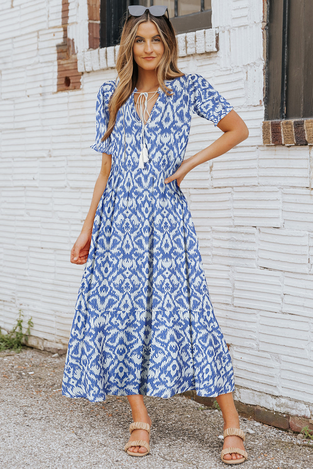Himmelblau V-Ausschnitt Casual Geometric Print Maxikleid