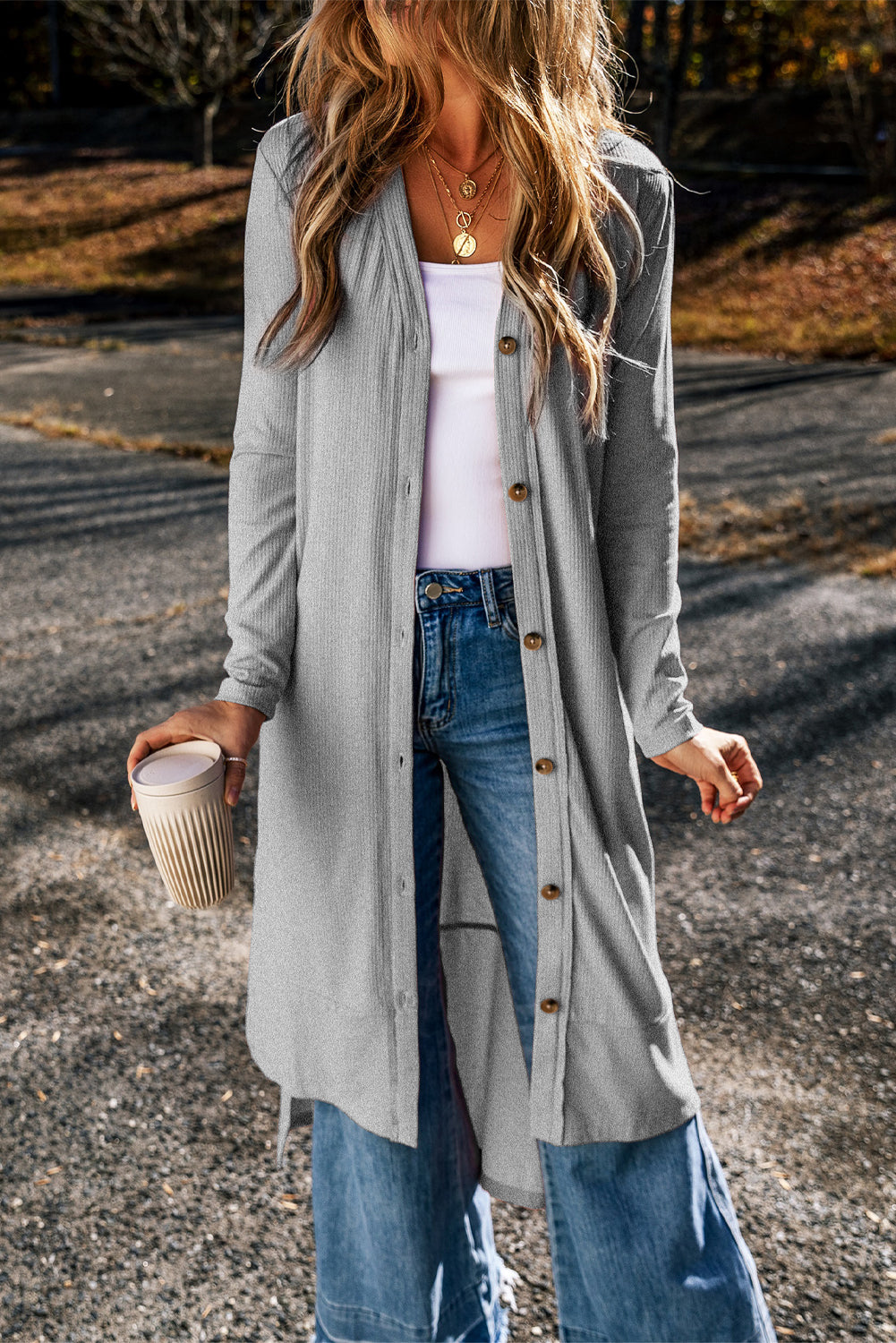 Grauer gerippter, geteilter duster cardigan mit knopfleiste