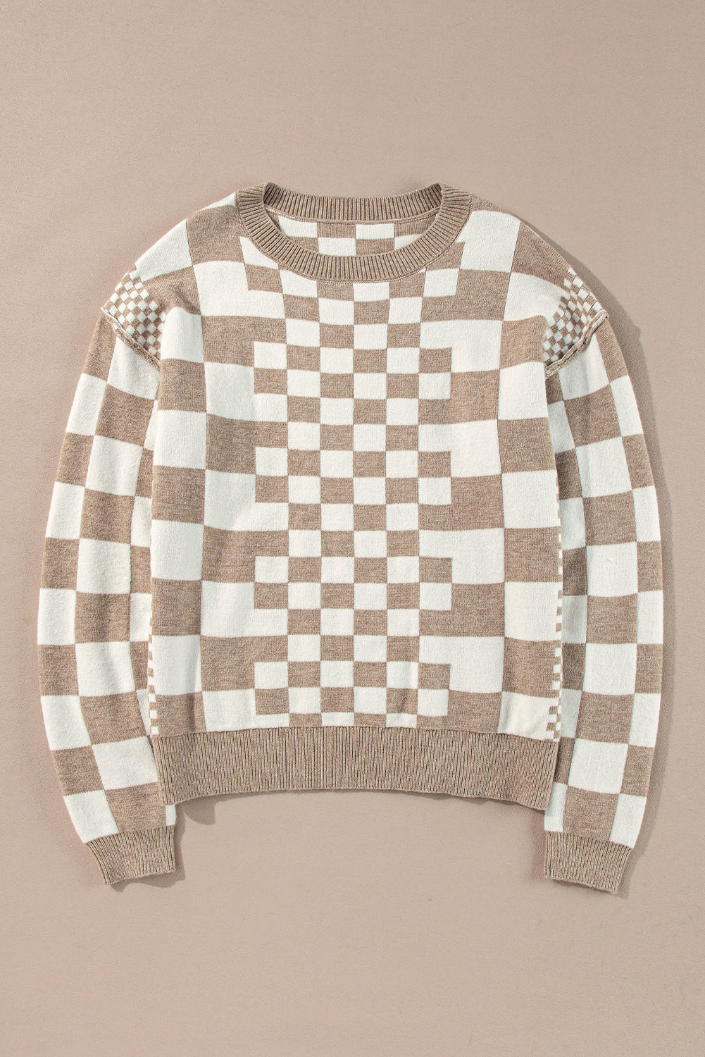 Khaki karo print drop shoulder rundhalsausschnitt pullover