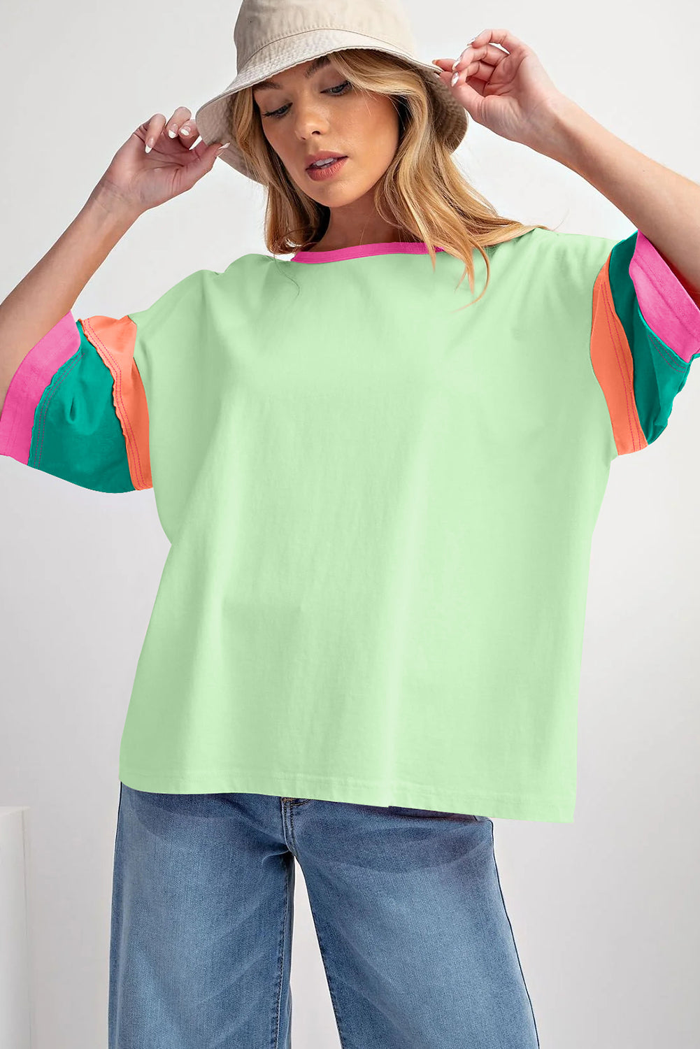 Grün farbe block stitching ärmel rundhalsausschnitt oversize top