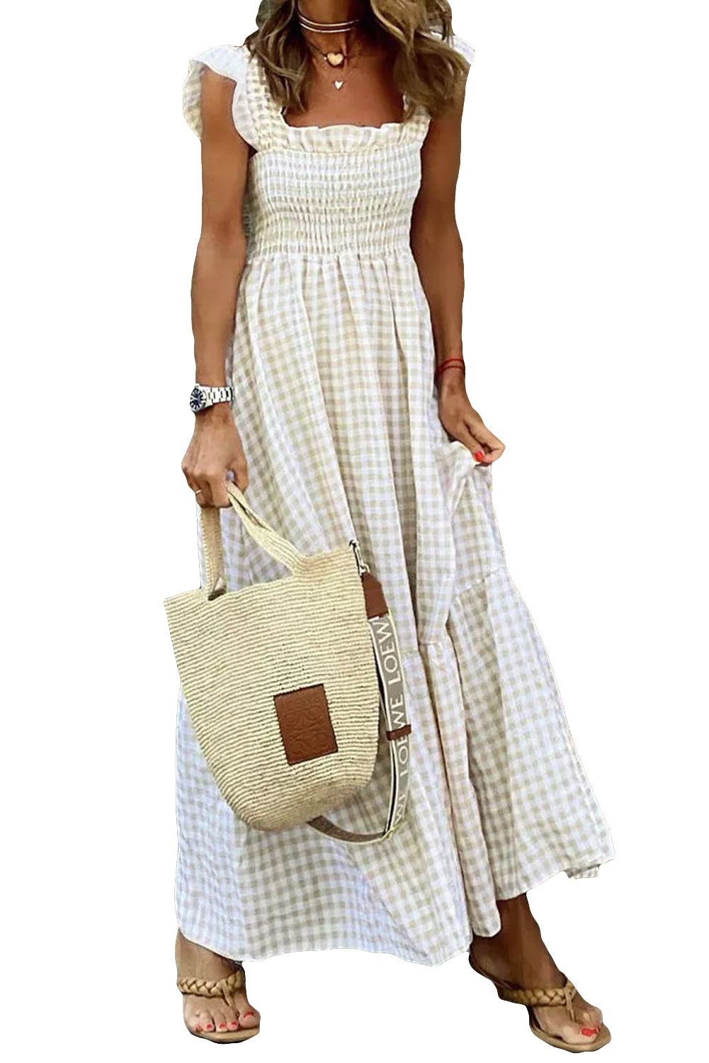 Khaki kariertes Maxikleid mit gerafften Ärmeln und Smokings